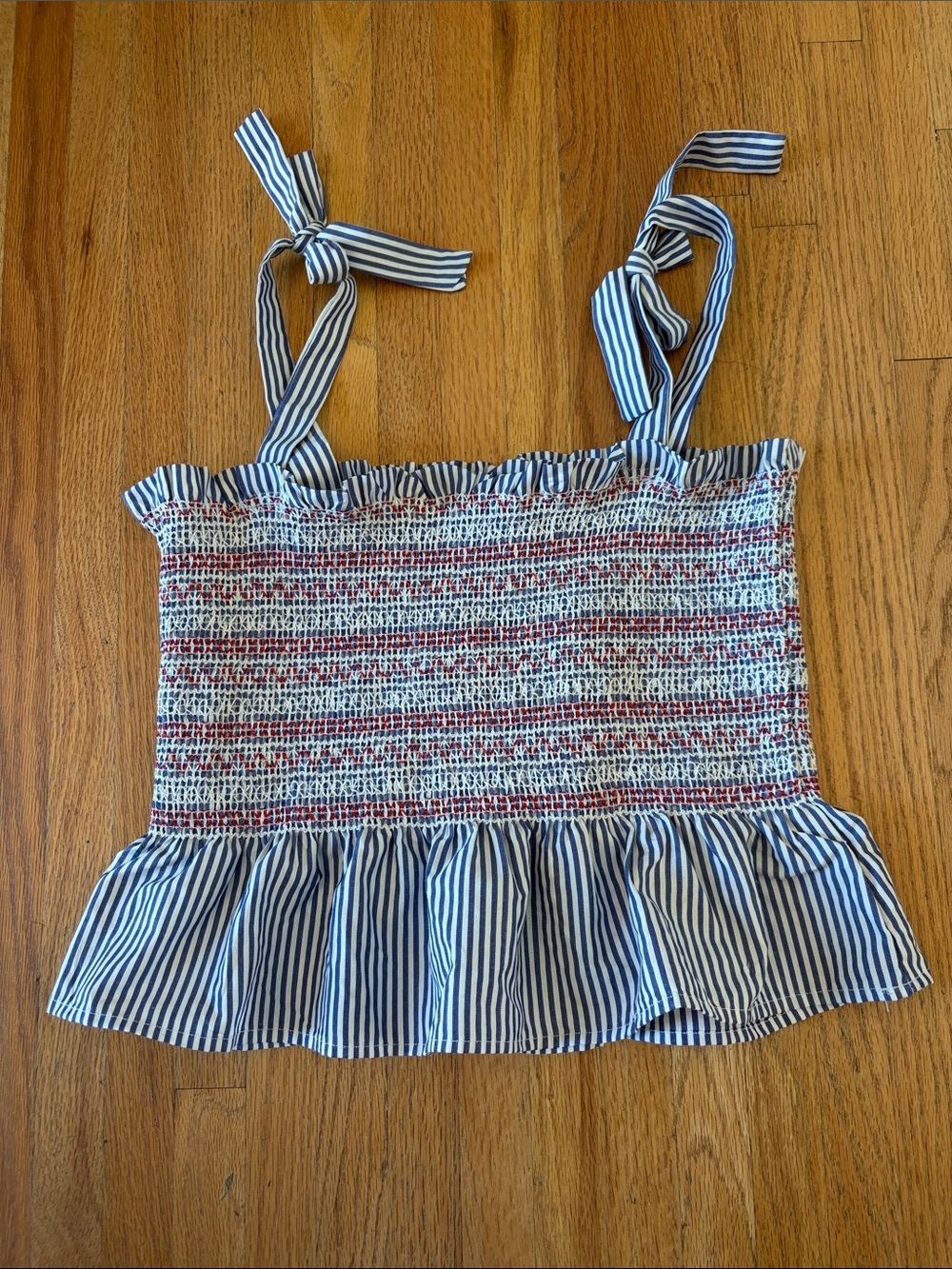 Red White & Blue Striped Smocked Tie-Shoulder Camisole Crop